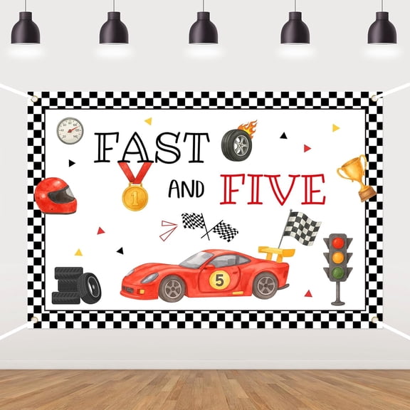 6x4FT Fast and Five Birthday Backdrop Racing Car 5th Birthday Photography Background for Boys Vintage Race Car Checkered Fifth Birthday Party Decorations Banner Photo Booth Props
