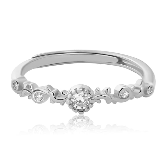 Meissa Gold Tone Adjustable Ring with Round Clear Center Stone and Vintage Inspired Floral Band Design