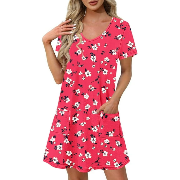 Yotami Women's Short Sleeve Summer Dress with Pocket Boho Midi Dress Floral Print V-Neck Dress for Vacation