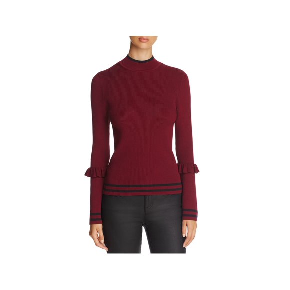 MARLED REUNITED CLOTHING Womens Burgundy Ribbed Fitted Ruffle Trim Long Sleeve Mock Neck Blouse L