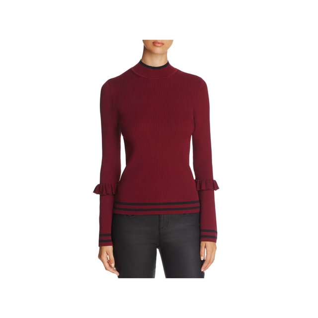 MARLED REUNITED CLOTHING Womens Burgundy Ribbed Fitted Ruffle Trim Long Sleeve Mock Neck Blouse L