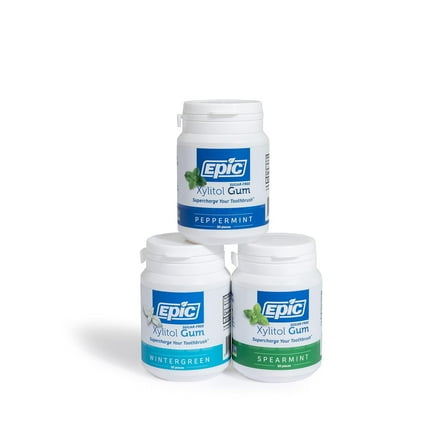 Epic Xylitol Chewing Gum - Sugar Free & Aspartame Free Chewing Gum Sweetened w/Xylitol for Dry Mouth & Gum Health (Assorted, 50-Piece Bottle, 3 Bottles)