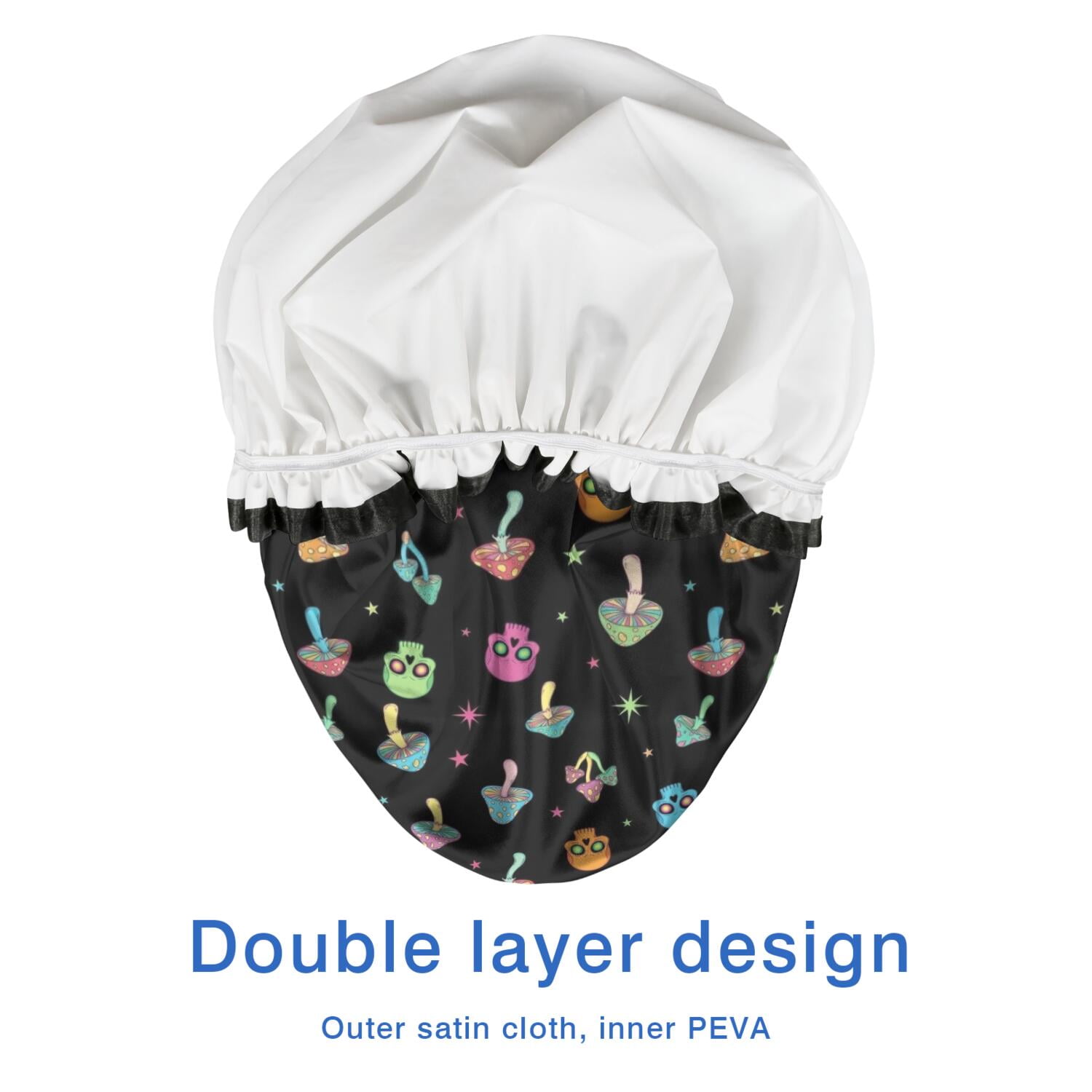 Shower Caps,Black Colorful Skull Mushroom Pattern Waterproof Shower Cap for Women 4 Pieces,Double Reusable Hair Cover for Shower PEVA Elastic Stretch Hem