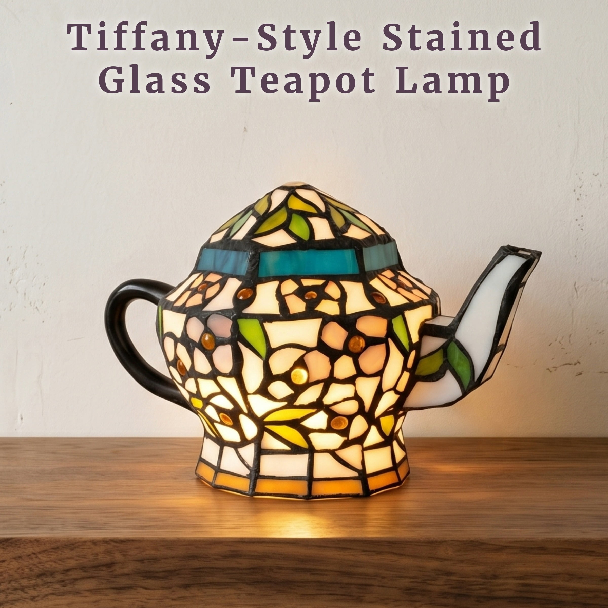 Lavish Home Teapot Lamp - Tiffany Style Stained Glass Table or Desk Light with LED Bulb Included