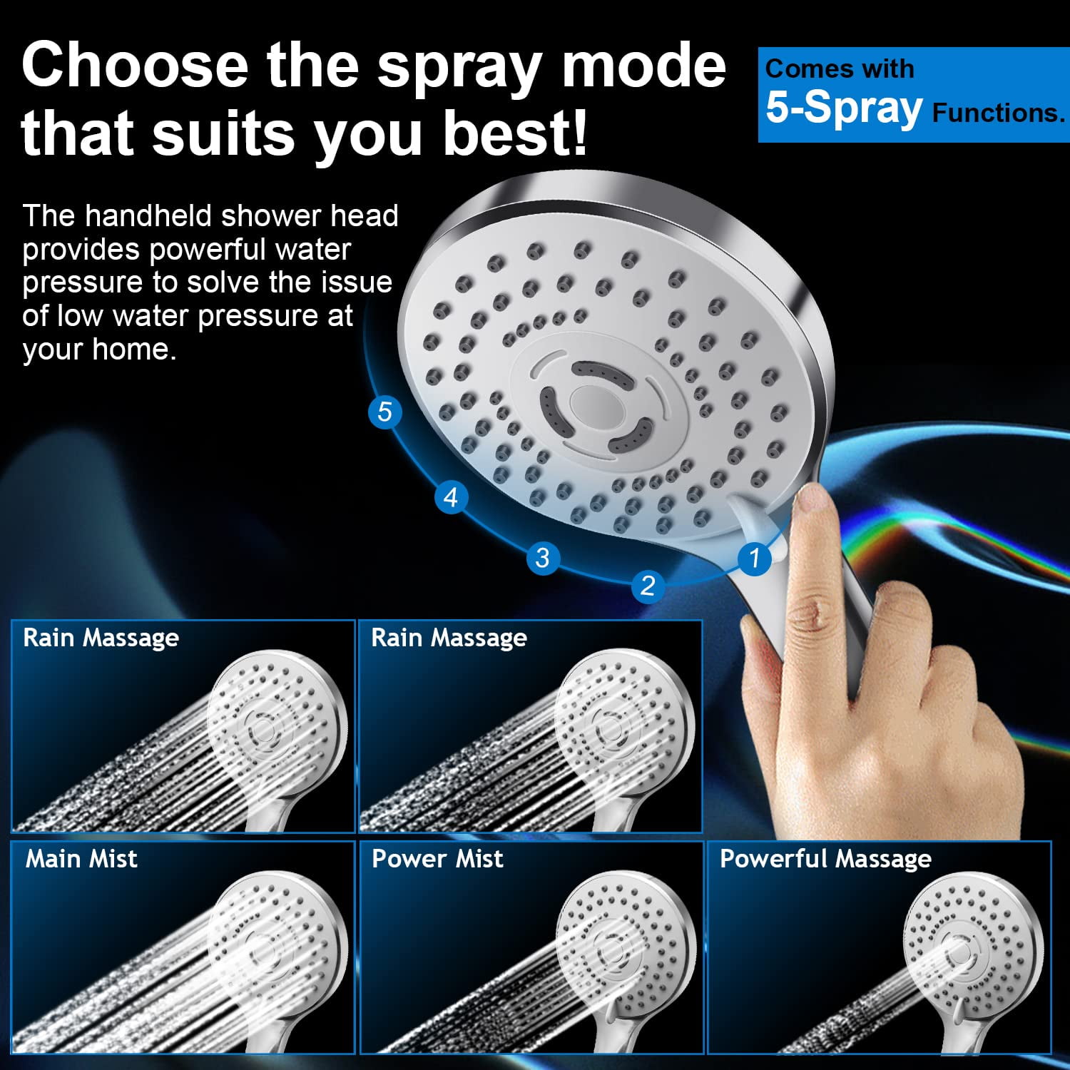 Modern 12" Large Square Rain Showerhead With 5 Modes Handheld Combo  Adjustable Arm Easy Tool-free Installation