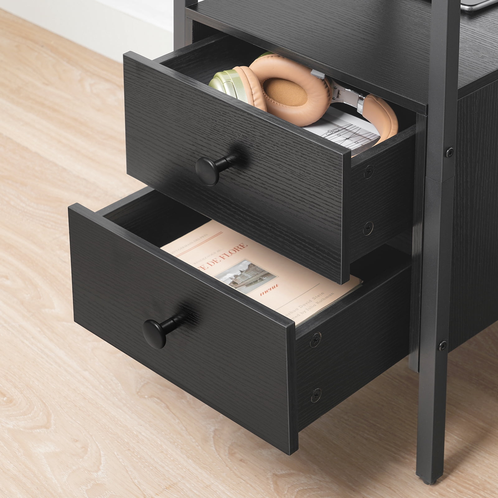 HOOBRO 24'' Tall 2 - Drawer Iron Nightstand with Storage and Built-In Outlets Black BB431BZ01G2