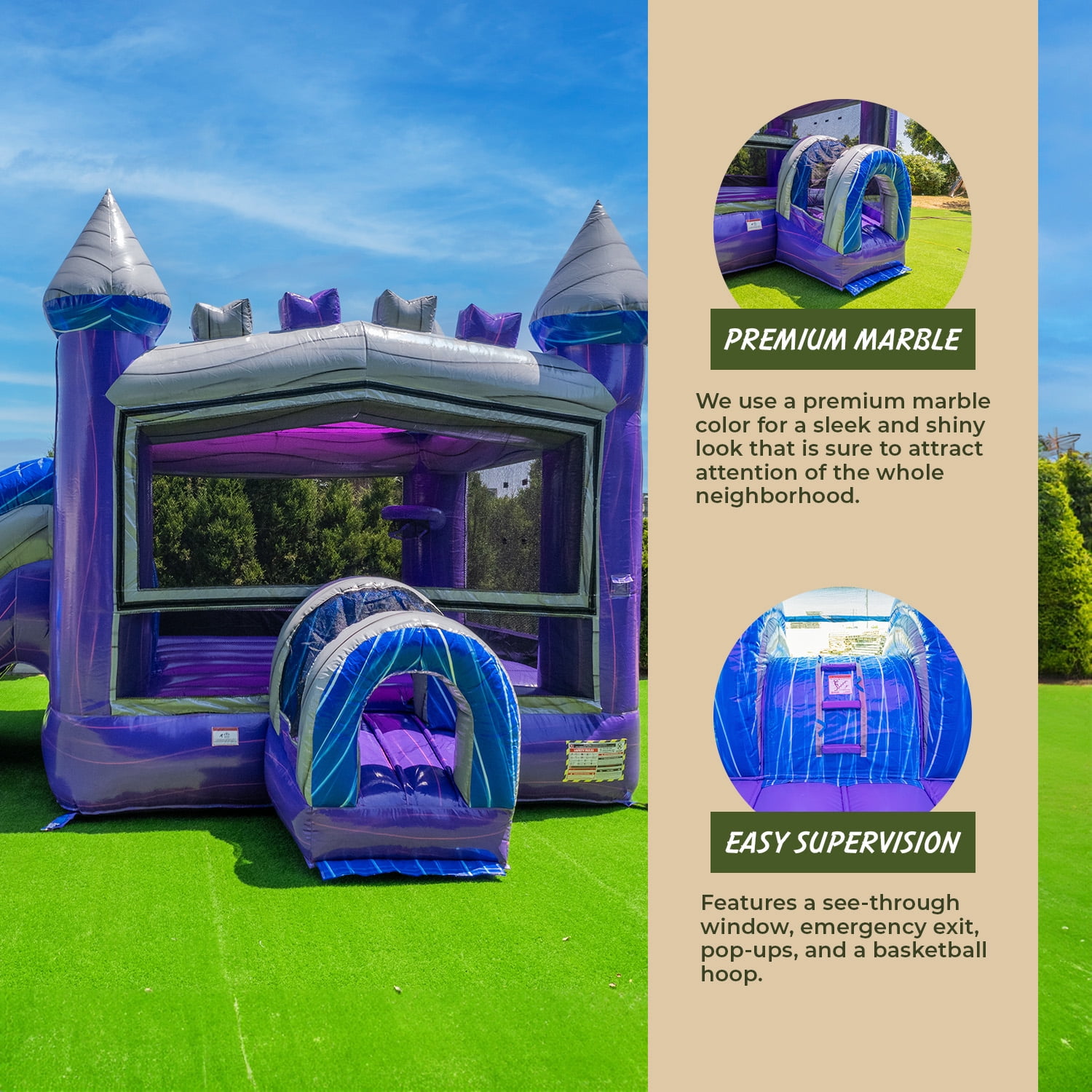 XJUMP Purplish Castle Bounce House Water Slide Combo with Splash Pool (with Air Blower), Commercial Grade, for Kids and Adults
