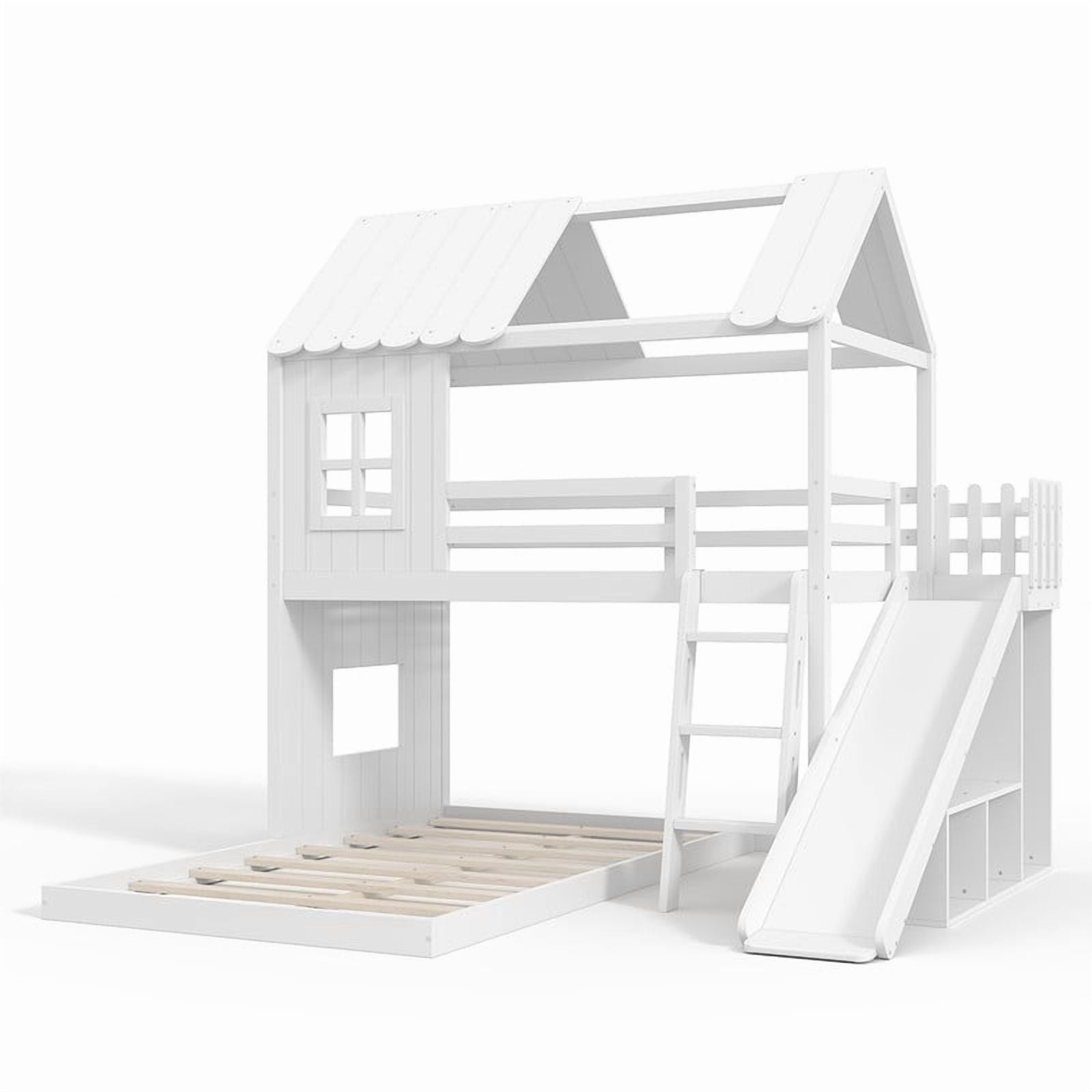Twin Over Full House Bunk Bed with Slide and Ladder, Kids House Floor Bunk Bed with Storage Shelves and Wardrobe, Playhouse Design, Solid Wood Frame, No Box Spring Needed