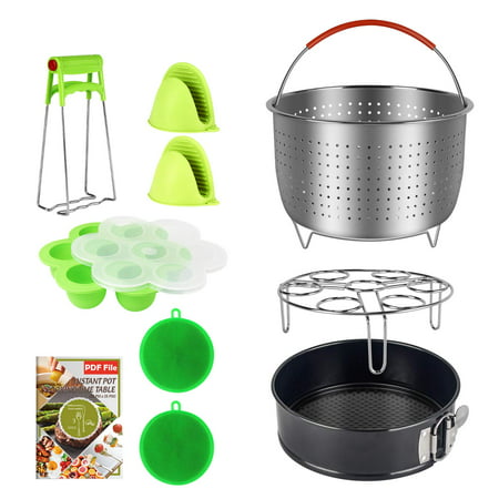 9 Piece Accessories Kits Compatible with Instant Pot 6, 8 Qt - Large Stainless Steel Steamer Basket, Non-Stick Springform Pan, Egg Rack, Egg Bites Mold, Oven Mitts, Bowl Clip and Silicone Scrub Pad