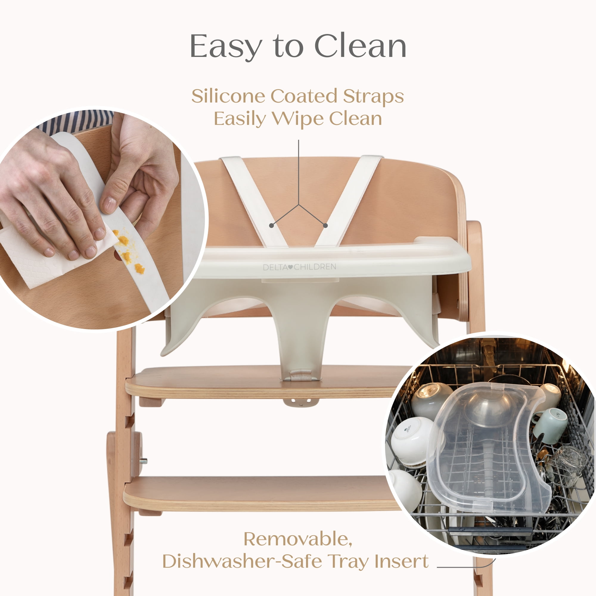 Delta Children Crave 4-in-1 Convertible High Chair – Folds Flat, FSC Certified Beech Wood Frame, Grows from Baby to Adult, Magnetic Buckle & Dishwasher-Safe Tray – Natural