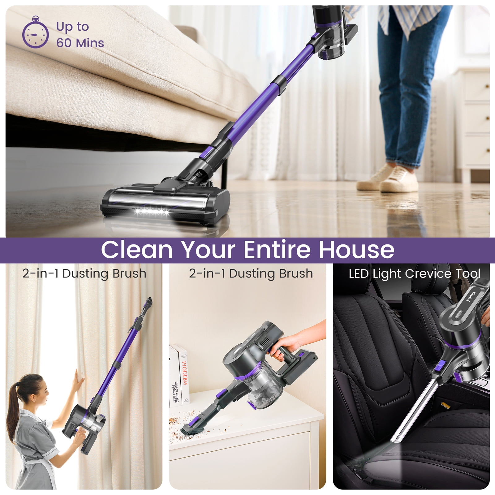 YOMATECH Cordless Vacuum Cleaner, 45Kpa/450W Powerful Stick Vacuum, 6 in 1 Lightweight Vacuum Cleaners for Home Hardfloor Carpet Pet Hair