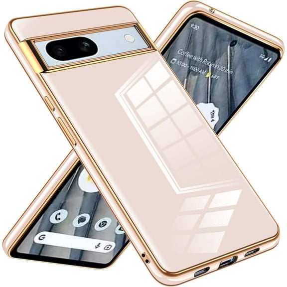 Compatible with Google Pixel 7 A 5g Cell Phone Case Ultra Slim Thin with Ring Stand Metal Electroplated Soft TPU Frame Full Body Shock-Absorption Bumper Hard Back Mobile Covers-Pink