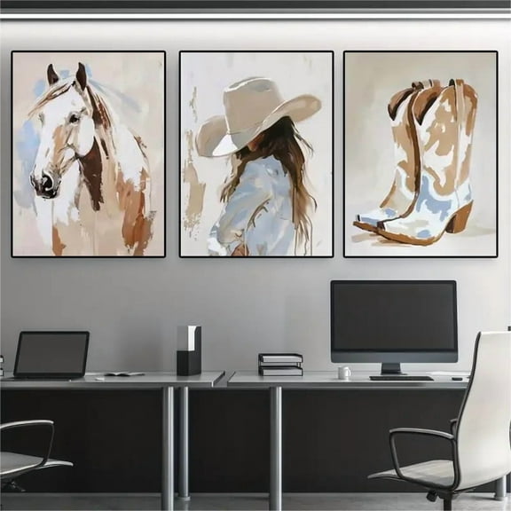 3pcs Western Cowgirl & Horse Canvas Art Prints - Frameless Modern Wall Decor for Living Room, Bedroom, Office - Charming Cowboy Boots, Hat & Stallion Design - Ideal for Home & Restaurant Decoration,