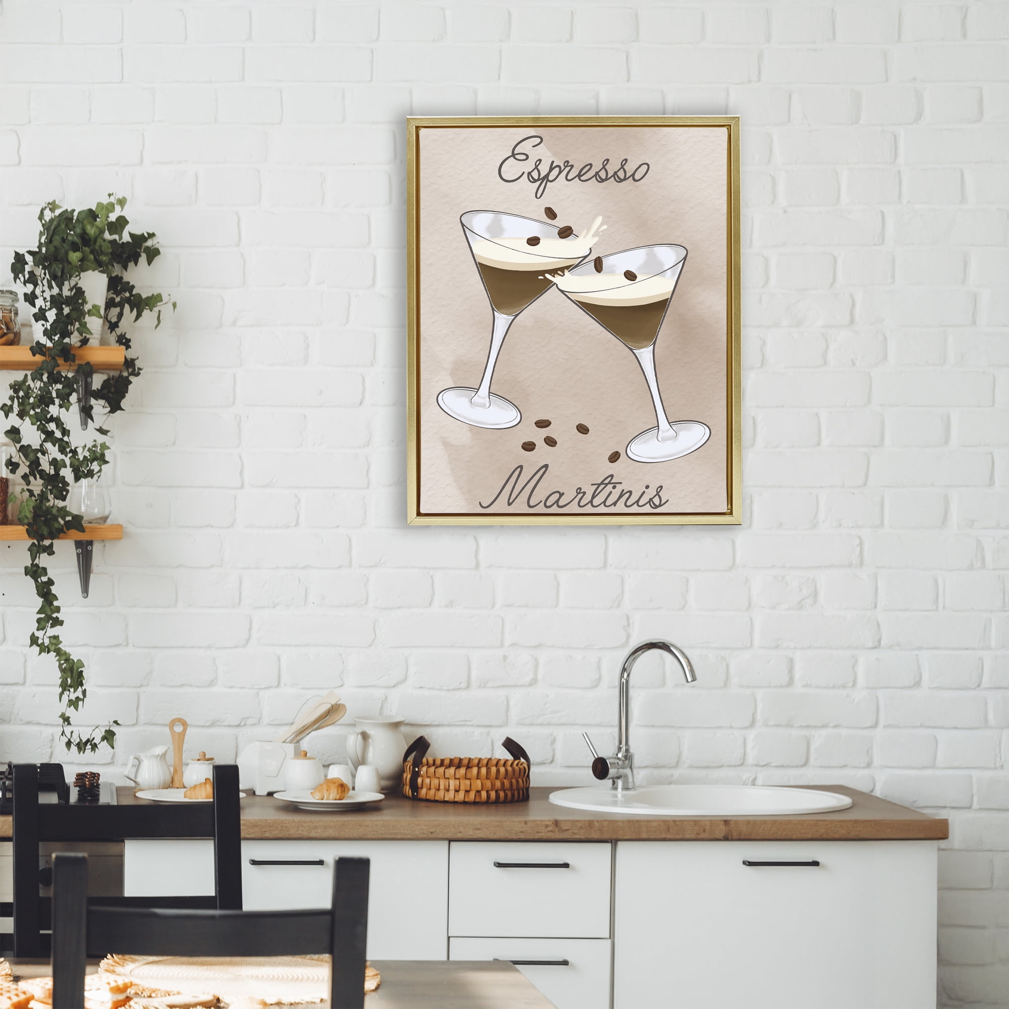 Stupell Industries Cheers Espresso Martinis Gold Framed Floater Canvas Wall Art, design by Marcus Prime