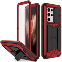 Samsung Galaxy S21 Ultra Metal Case with Screen Protector, Dteck Heavy Duty Military Rugged Shockproof Full Body Protective Cover with Kickstand, Water-Resistant, Slide Camera Protector Cover,Red