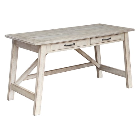 Benjara Wooden Office Desk with 2 Drawers and Truss Beam Legs  Antique White