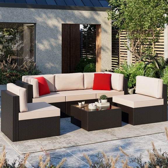 Patio Furniture Set, Walsunny 6 Piece All Weather Outdoor Sectional Sofa, Wicker Patio Conversation Set with Cushions and Tempered Glass Table for Backyard Porch, Khaki