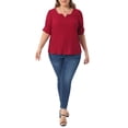 thumbnail image 2 of Agnes Orinda Women's Plus Size Tops Texture Pleated Notched V Neck Ruffle Short Sleeve Summer Casual Blouses 1X Burgundy, 2 of 6