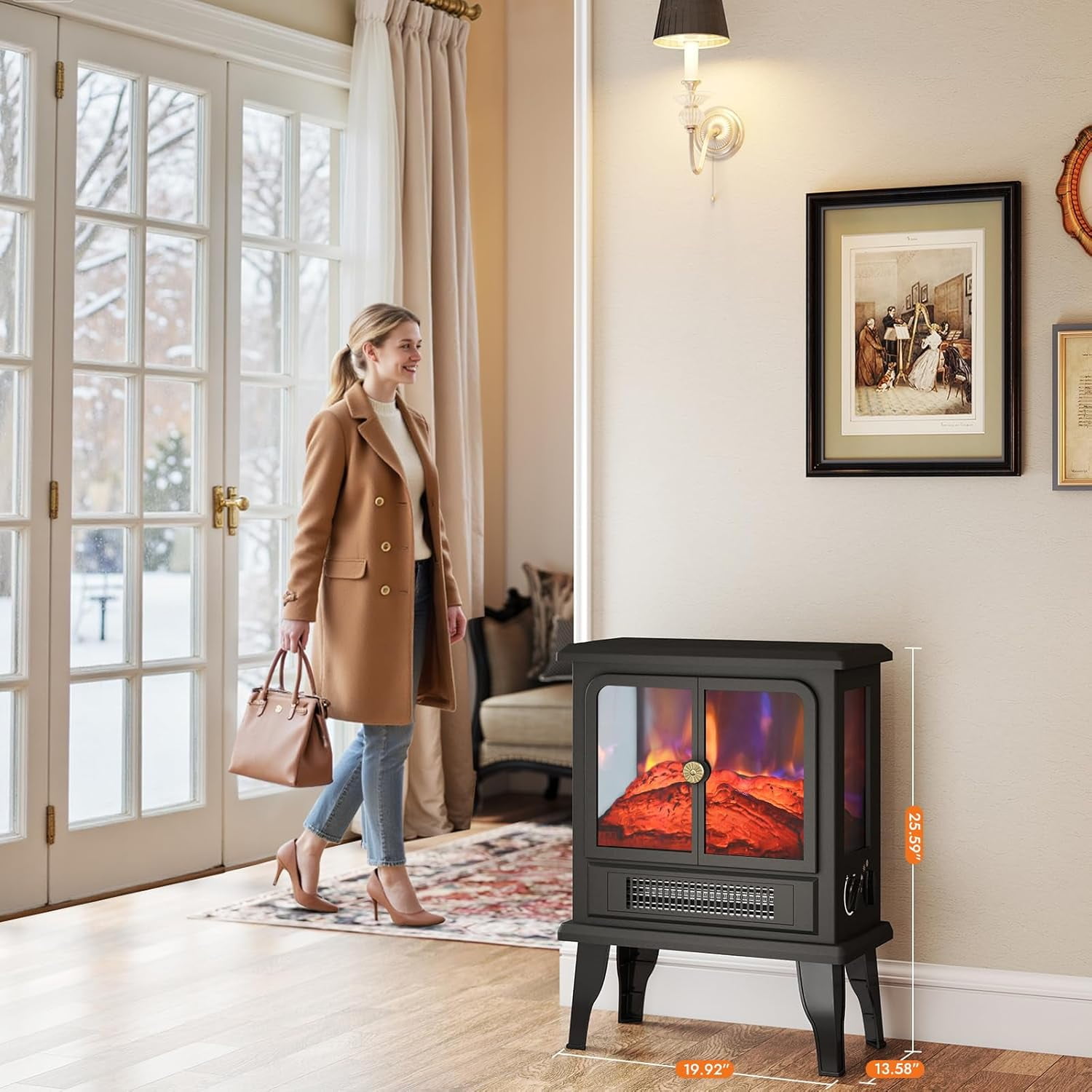 3D Electric Fireplace Stove With Infrared Quartz Heater with Life-Like Flame, Power 1500W, BTU 5120 Maximum Coverage 500 sq ft, Making Home Warm as Spring, 2-Setting Heat, UL Safety