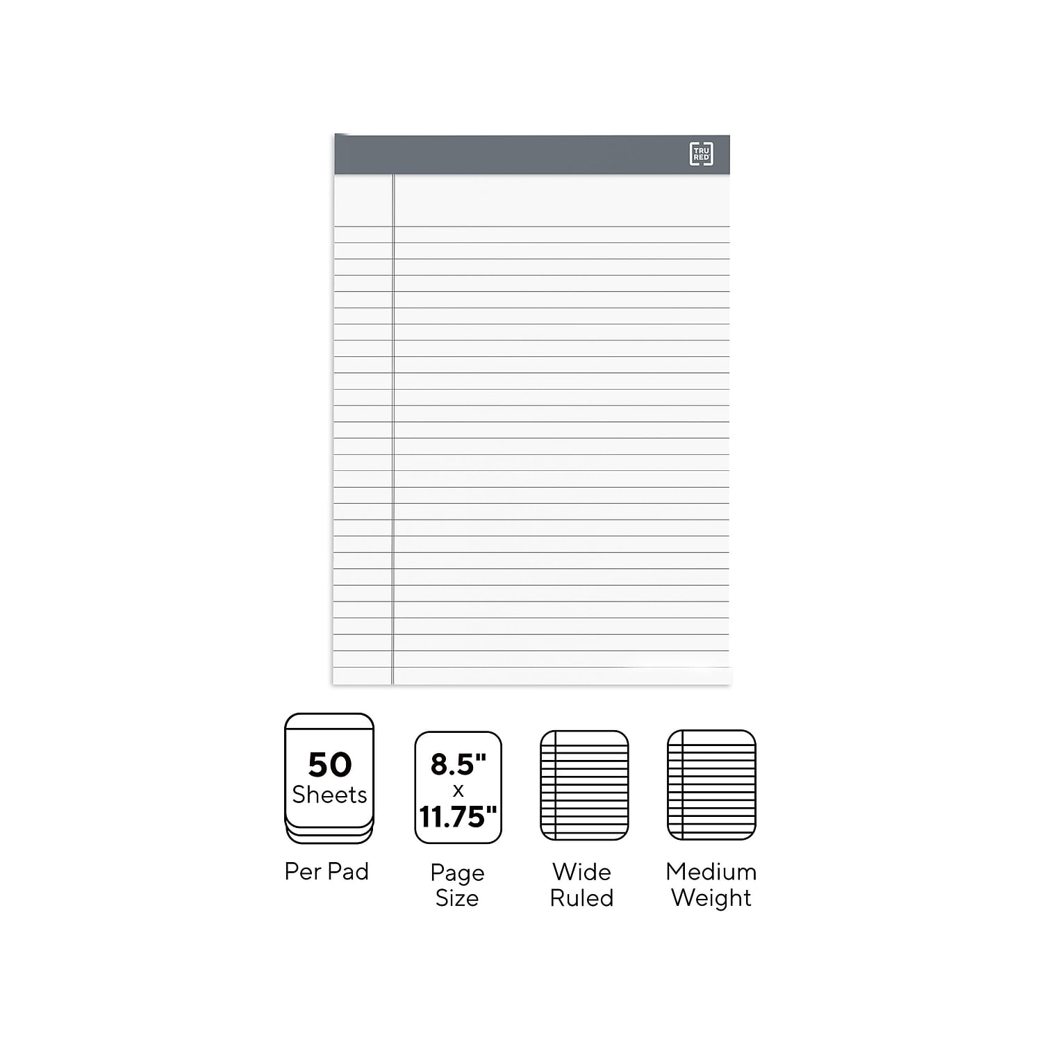 Staples TRU RED Notepads 8.5" x 11.75" Wide Ruled White 50 Sheets/Pad 24/Carton TR59911/TR573VS