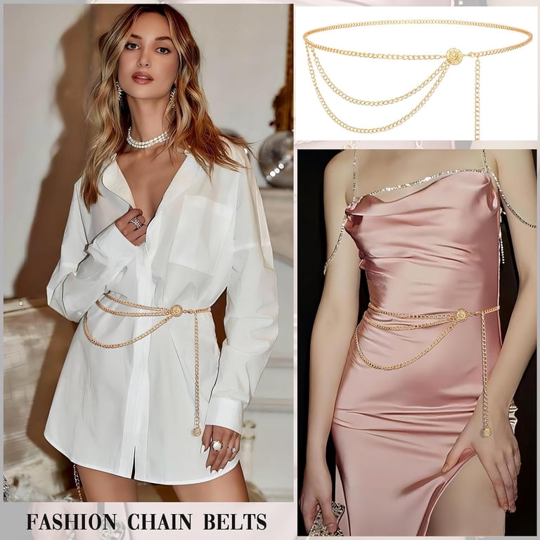 7393 Women\'s Metal Waist Chain Gold Silver Chunky Belts For Dresses Amazon.com: Waist Chain Belt Multilayer Gold Silver Sun Moon  main image 2