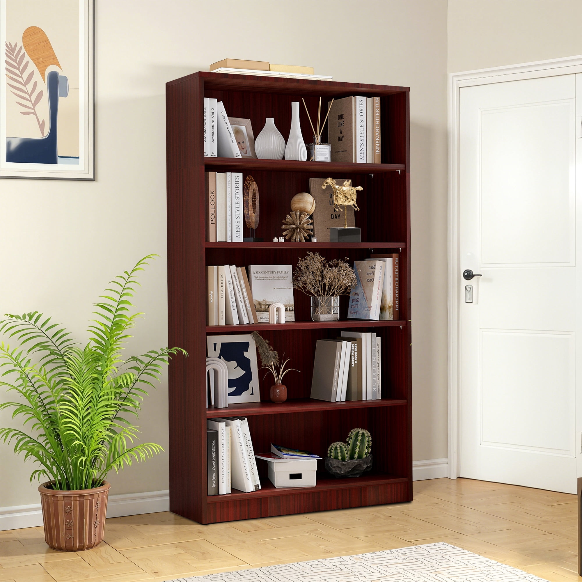 MAYEERTY 5-Shelf Black Wood Bookcase, 60" Tall, for Bedroom, Cherry