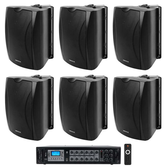 (6) Black 5.25" Commercial Wall Speakers Receiver For Restaurant/Office/Cafe/Bar