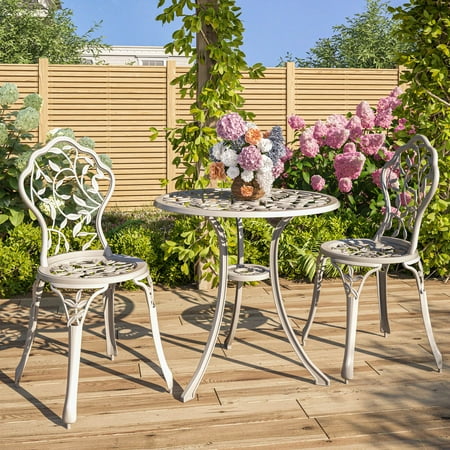 BELLEZE White Cast 3 Piece Bistro Outdoor Patio Set Leaf Design Weather Resistant Round Table 2 Chairs Garden Furniture