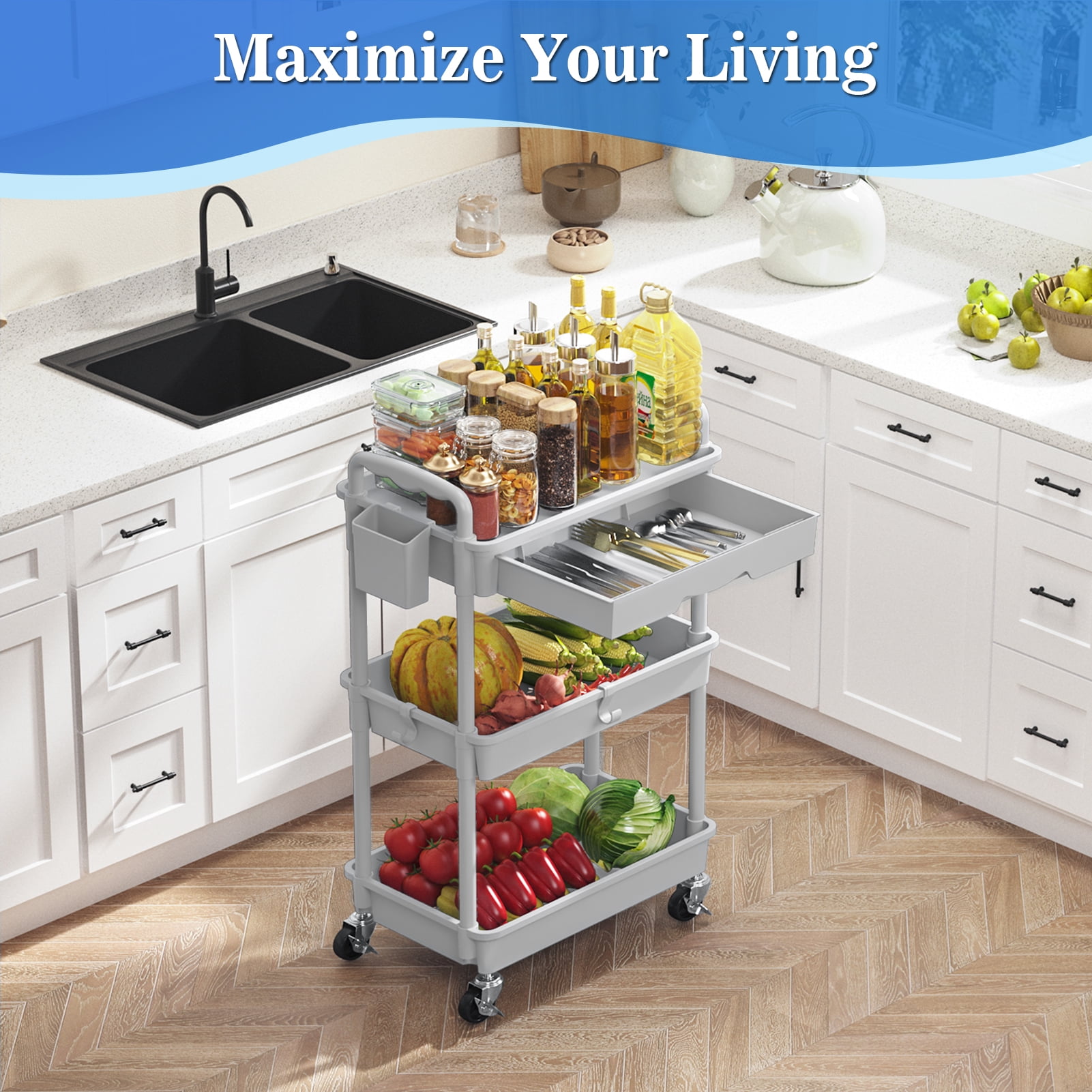 3 Tier Rolling Utility Cart with Removable Drawer, Bathroom Storage Organizer with 2 Lockable Wheels, Mobile Shelving Unit for Kitchen, Office, Snack, Craft, Makeup, Baby Essentials, Gray