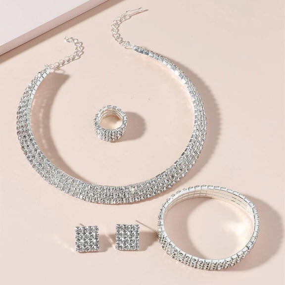 Faty-T Crystal Heart Bridal Wedding Jewelry Set Silver Rhinestone Necklace Earrings Bracelet Sets Formal Costume Jewelry for Women and Brides