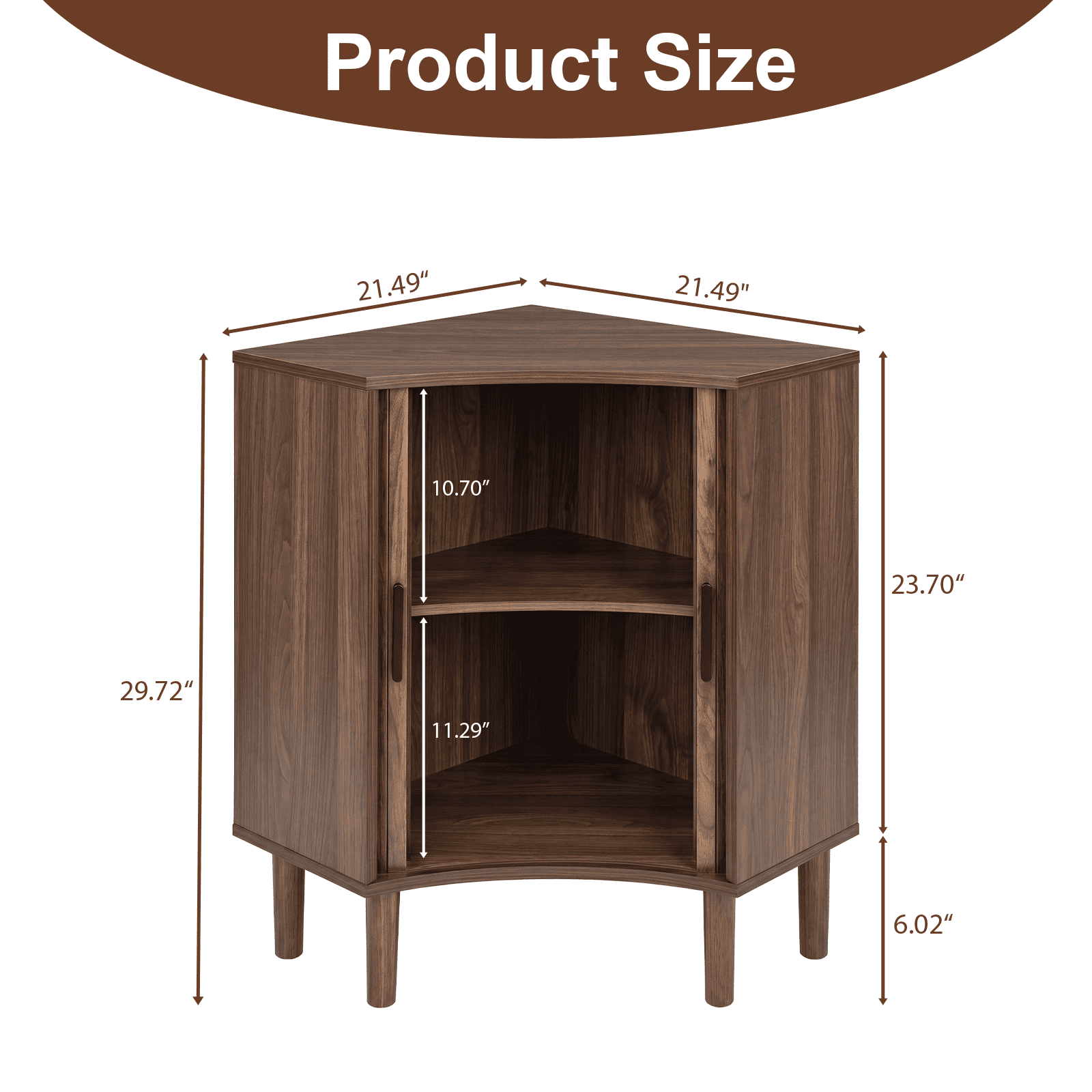 Walnut Fluted Corner Storage Cabinet with Sliding Doors & Adjustable Shelves, Modern Freestanding Narrow Floor Cabinet for Bathroom Living Room Dining Room Small Spaces