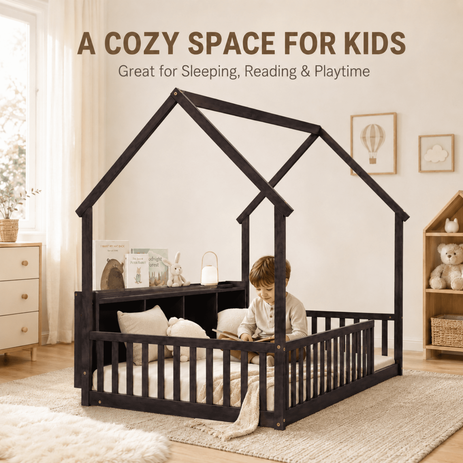 Miniyam Twin House Bed for Kids, Floor Bed with Storage, LED, Charging Station, Espresso