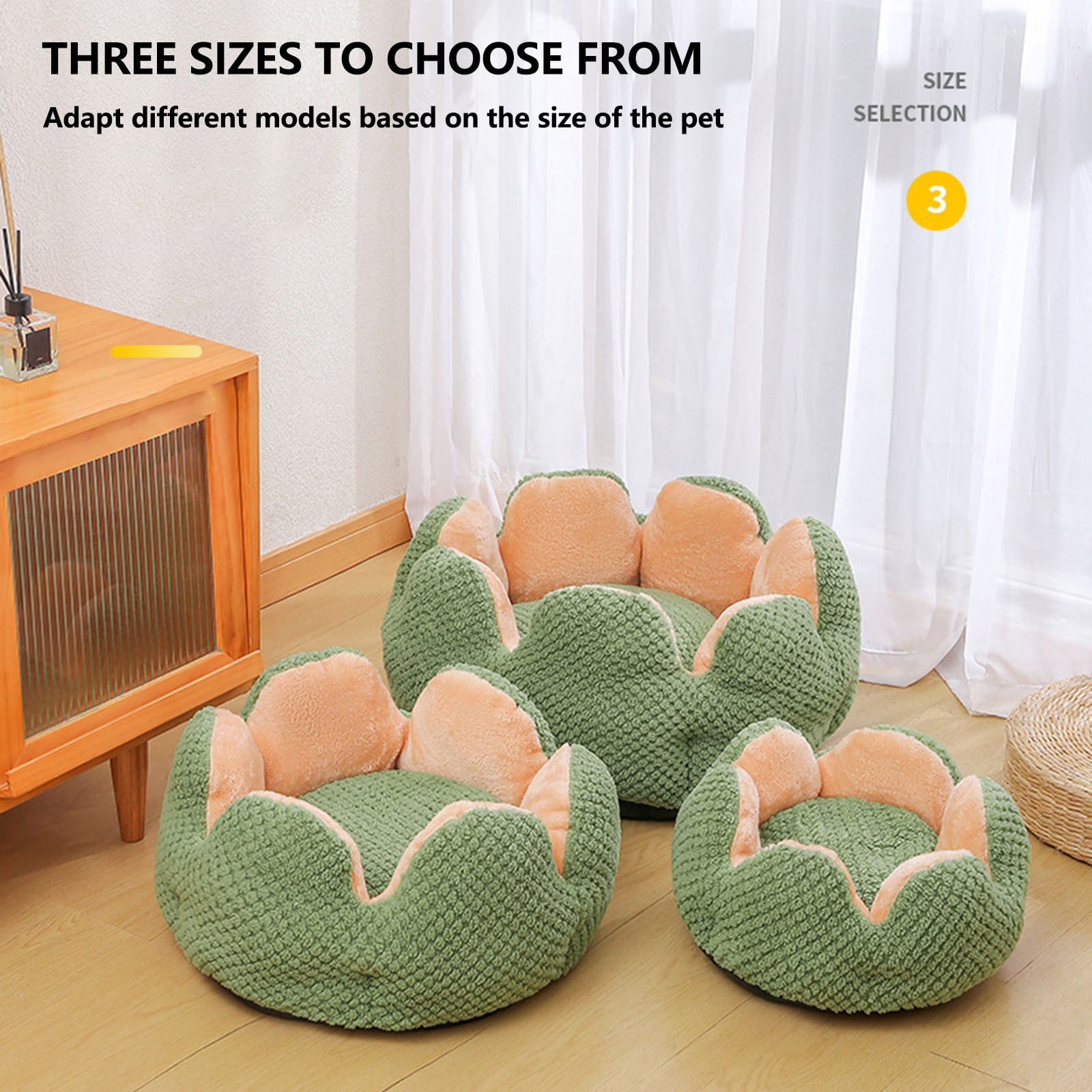 PureCasa Cactus Shaped Dog Cat Bed for Autumn Winter, Pet Supplies Non-Slip Fluffy Kennel, Cat Dog Cushion Sleeping Pad for Small Cats Dogs, Floral Style Decor, Round, 1 Pack, 16"x16"x14", Green