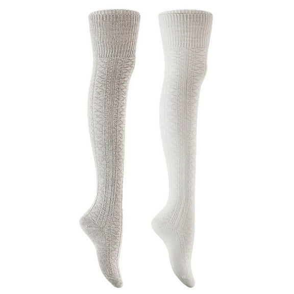 Lian Style Women's 2 Pairs Long Lasting, Colorful and Fancy Thigh High Over the Knee High Cotton Socks JMYP1025 Size 6-9 Grey, Cream White