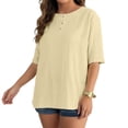 thumbnail image 2 of Womens Casual Tops 3/4 Sleeve Crewneck Bottons Shirts Summer Loose Solid Color Basic Tee Beach Vacation Tops Beige M, 2 of 9