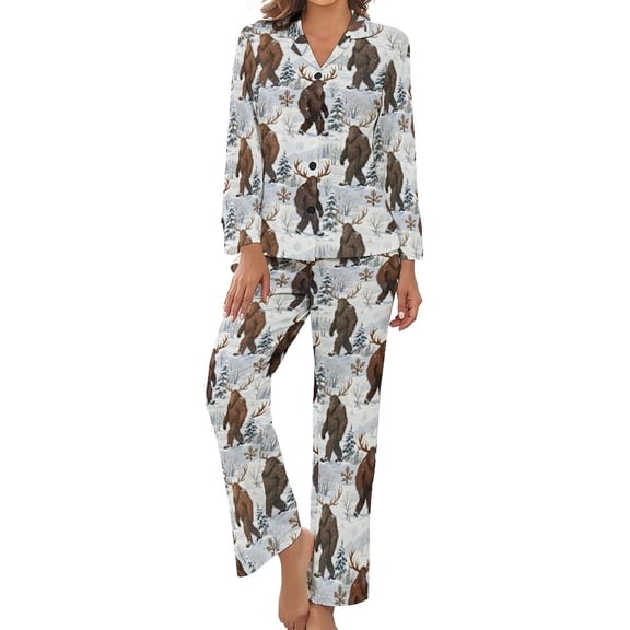 Top-kevin Snowy Forest Bigfoot Women's Long-Sleeve Shirt And Full-Length Bottom Pajama Set