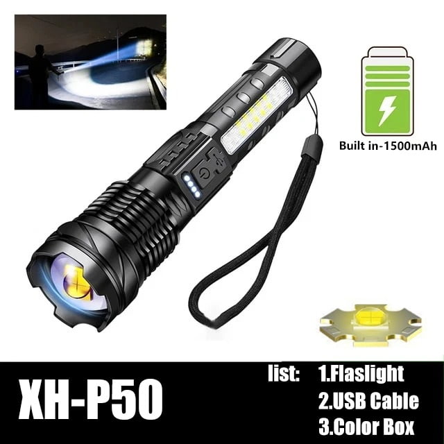 From Xiao Bei strict selection Powerful XHP50 LED Flashlight 18650 Torch Waterproof with Side Light 7 Modes USB Rechargeable Zoom Lamp for Camping Fishing