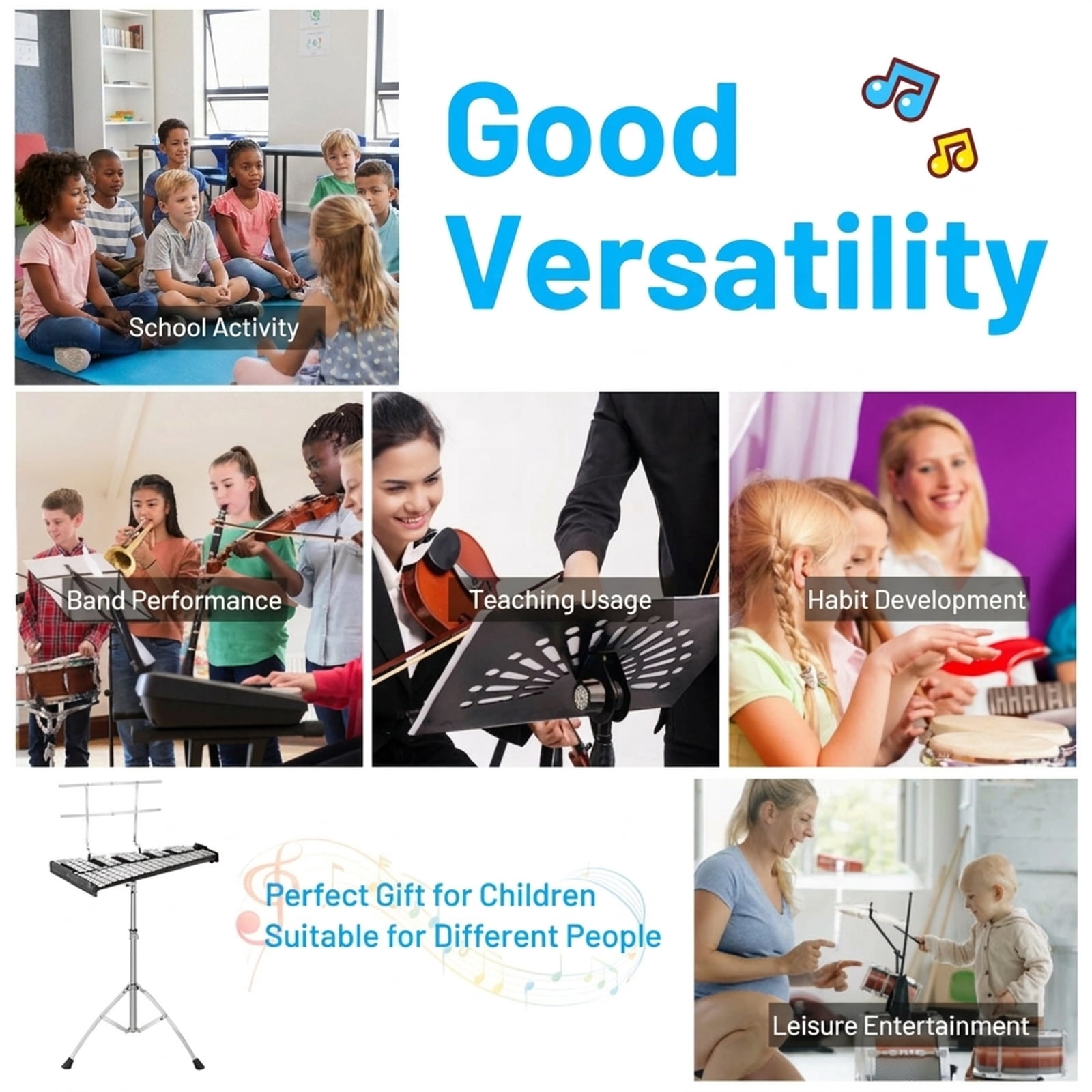 Redsmile 32-Note Glockenspiel Xylophone Bell Kit with Adjustable Steel Stand and Mallets for Students and Bands, Black