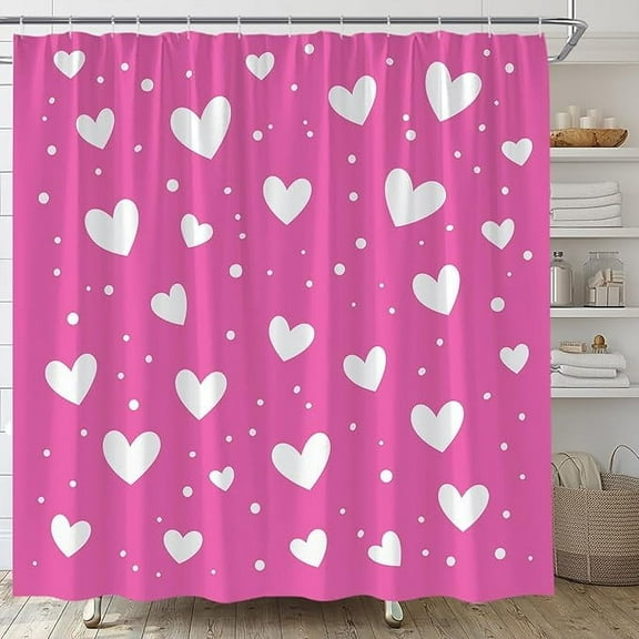 Valentine's Shower Curtain Hot Hot Pink White White Heart Polka Dot Sweet Romantic Love Bathroom Curtains Decor Fabric Set Include Hooks 48"W x 72"L (Pack of 1)