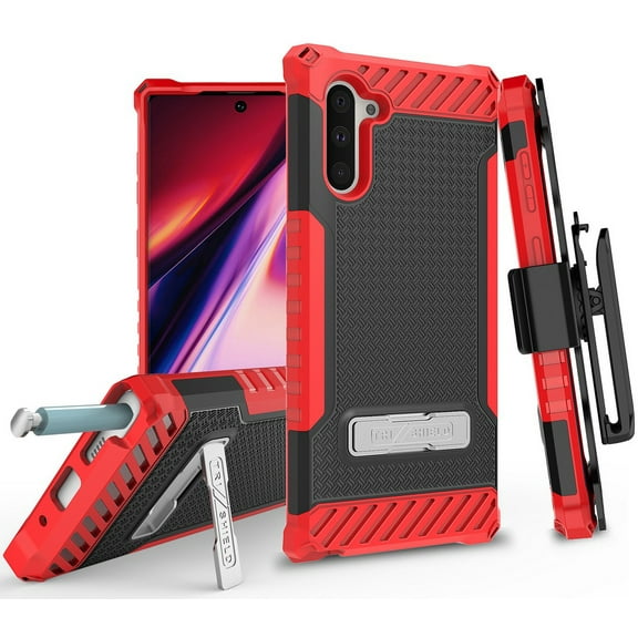 Case with Clip for Galaxy Note 10, Red Tri-Shield [Military Grade] Rugged Cover with Metal Kickstand [Wrist Strap Lanyard   Belt Hip Holster] for Samsung Galaxy Note 10 Phone (SM-N970, SM-N971)