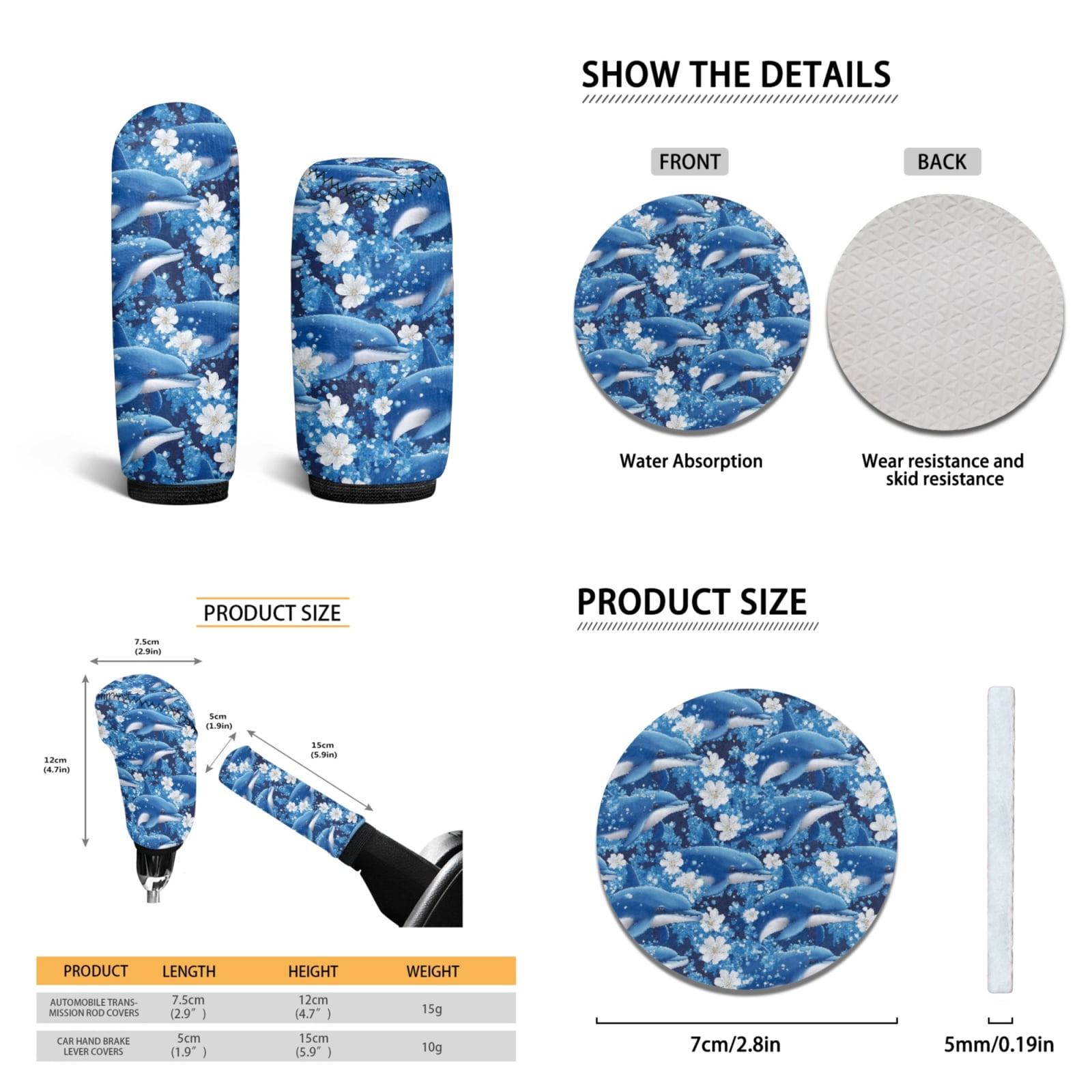 Yuyamidu Blue Dolphin Car Seat Cover Set with Floor Mats Flower Steering Wheel Cover Seat Belt Cushion Pad Auto Handbrake Cover Set Car Coasters, 15 Piece
