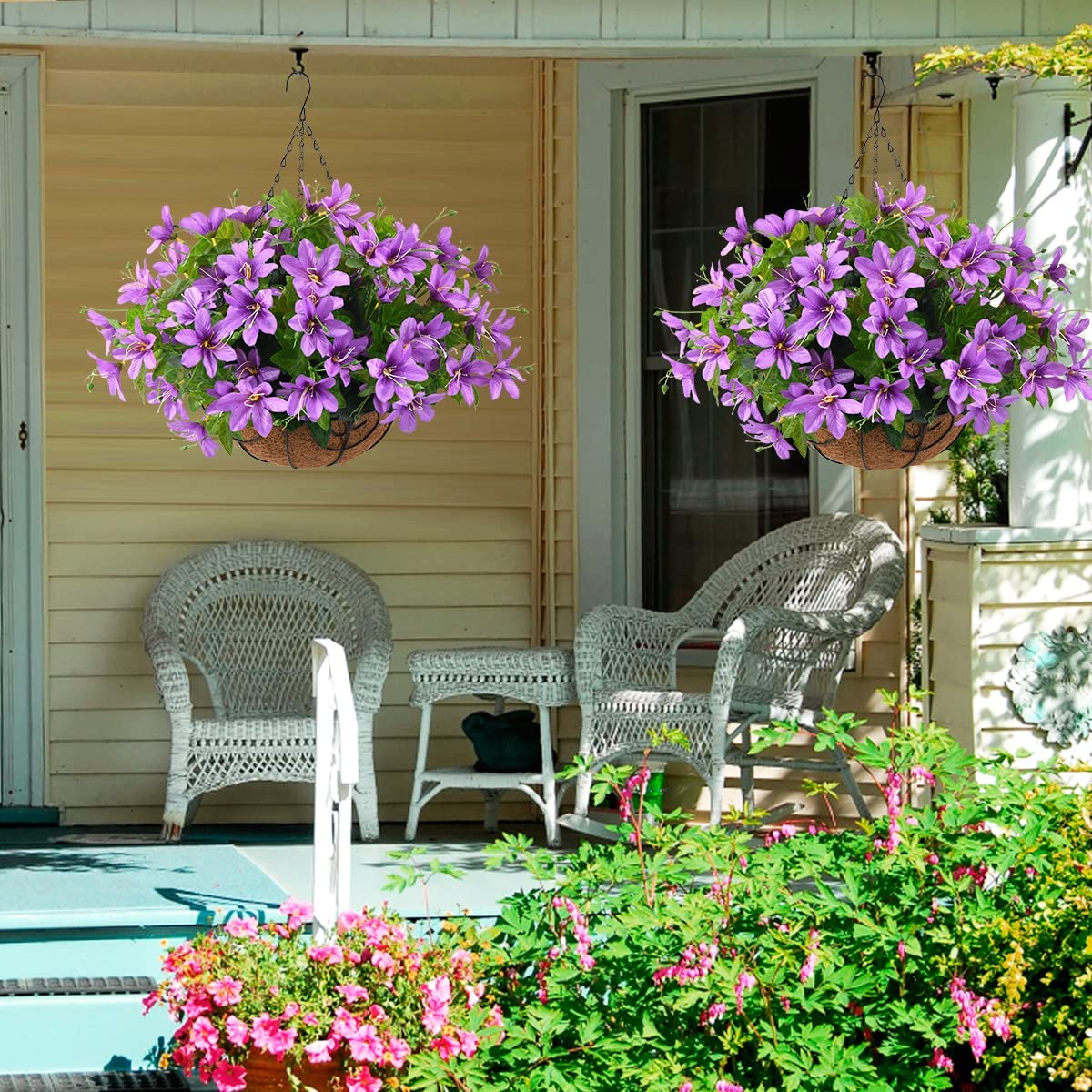 Artificial Flowers Hanging Basket for Outdoor Indoor,Fake Orchid Flowers in Coconut Lining Hanging Basket for Home Courtyard Decoration, 5 Branches Flowers in 12'' Basket(Purple)