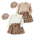 thumbnail image 3 of Toddler Girls Three Piece Fall Set Long Sleeved Ruffled Turtleneck Striped Top + Plaid Skirt With Belt + Plaid Hat, 3 of 5