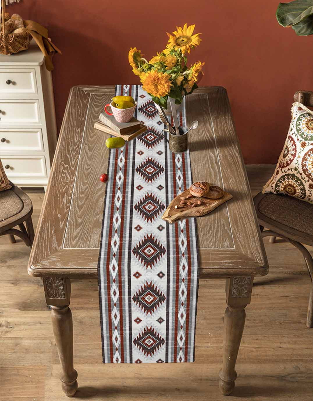 Red Grey Burlap Cotton Table Runner 13x90 Inches Long, Southwestern Boho Aztec Ethnic Abstract Print Farmhouse Table Runners, Outdoor Dining Tablecloths Decor for Baby Shower/Party/Wedding