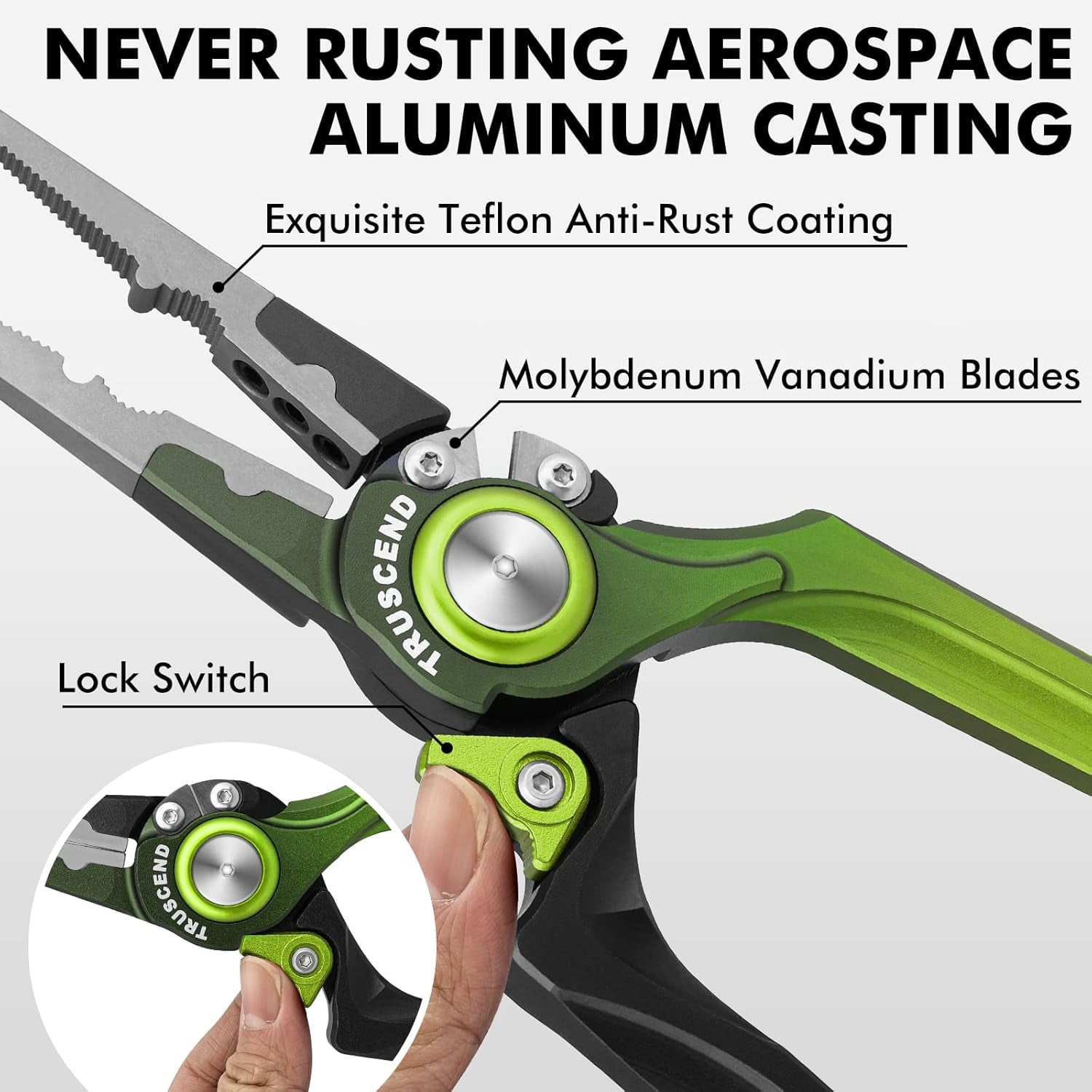 TRUSCEND Lockable Fishing Pliers with High Tungsten Cutter, Innovative Ergonomic Handy Handle, Saltwater Corrosion Resistant Teflon Coated Fishing Tool, Super Light Multi-Function Fishing Gifts