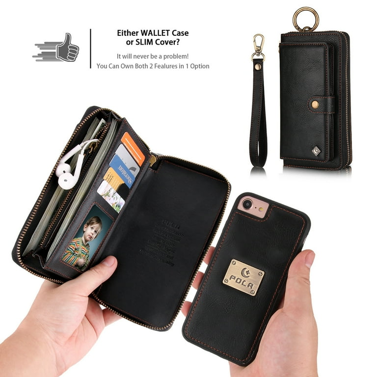 iPhone 8 Wallet Detachable Case iPhone 7 Case Dteck Wrist Band Metal Buckle 14 Card Slots Zipper Purse Phone Case Multi Function Folio Flip
