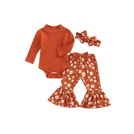 

Canrulo Newborn Baby Girls Fall Winter Outfits Turtleneck Long Sleeve Ribbed Romper Floral Flared Pants Headband 3PCS Set Orange 6-12 Months