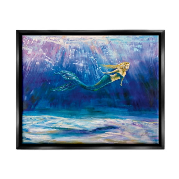 Stupell Industries Mermaid Swimming Deep Blue Ocean Water Painting Jet Black Floating Framed Canvas Print Wall Art, Design by Jeanette Vertentes