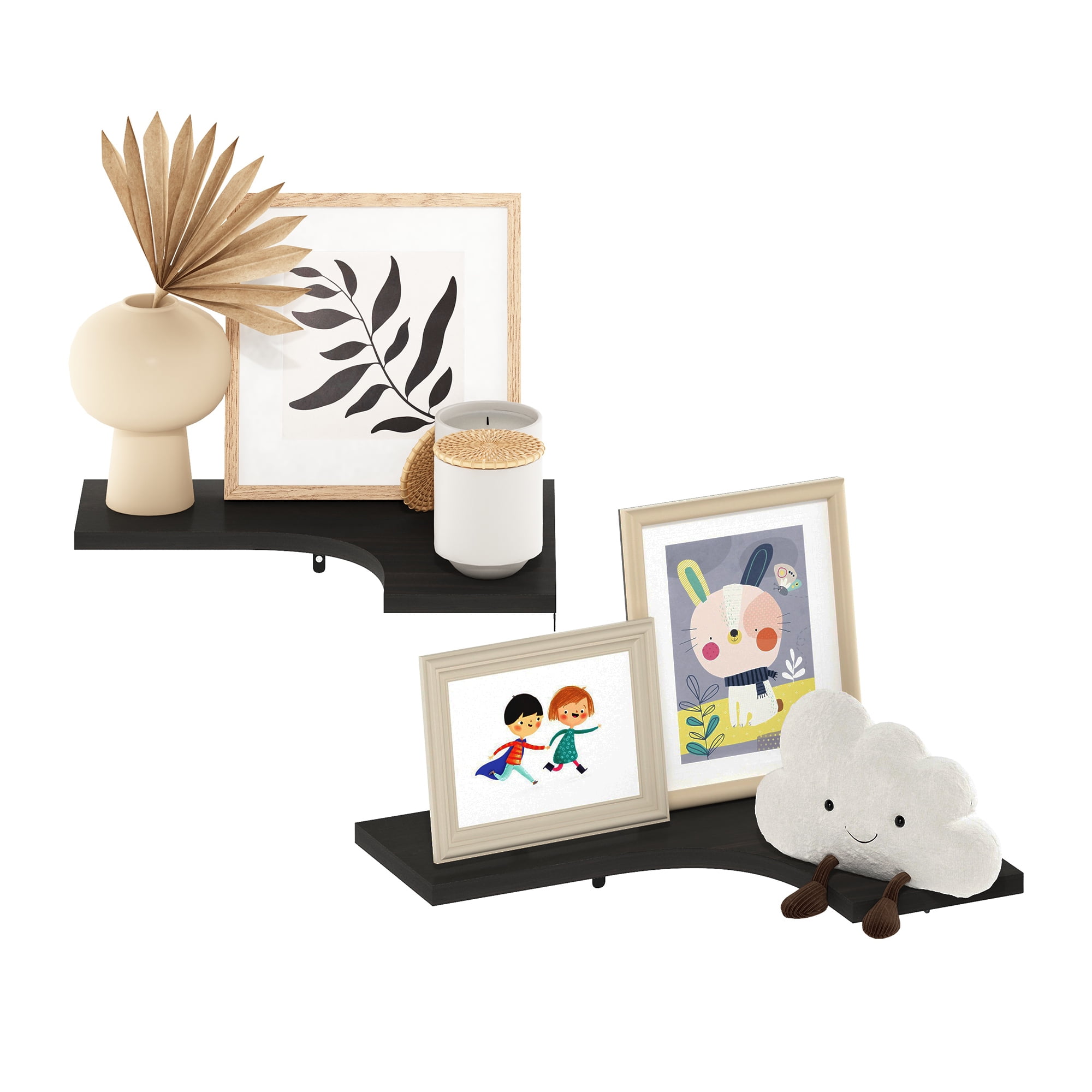 Furinno Rossi Wall Mounted Corner L-Shape Floating Display Shelves, Espresso, Set of 2