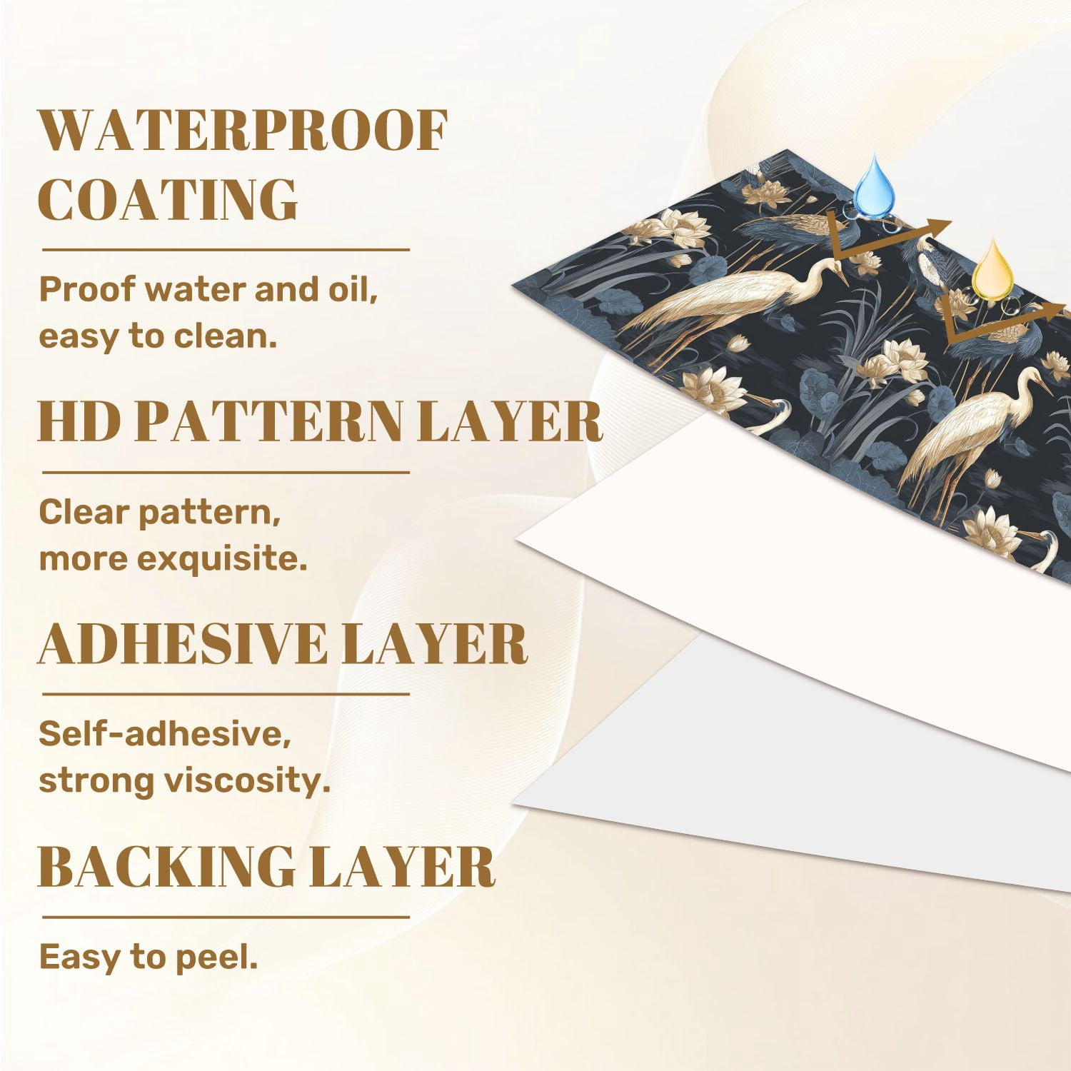 Peel and Stick Wallpaper 23.6in x 9.8ft Elegant Crane Birds Lotus Flowers Soft Gold Blue Floral Contact Paper Vinyl Self-Adhesive Removable Wall Paper for Bedroom Kitchen Cabinet Renter Friendly